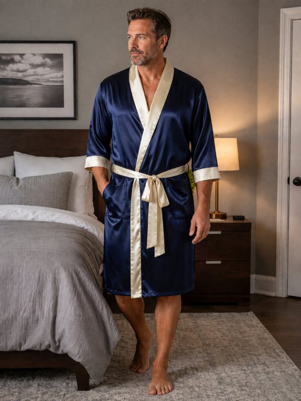 SEARS THE MEN'S STORE Vintage 3/4 Slve Open w/Belt Navy Blue/White Trim Robe O/S